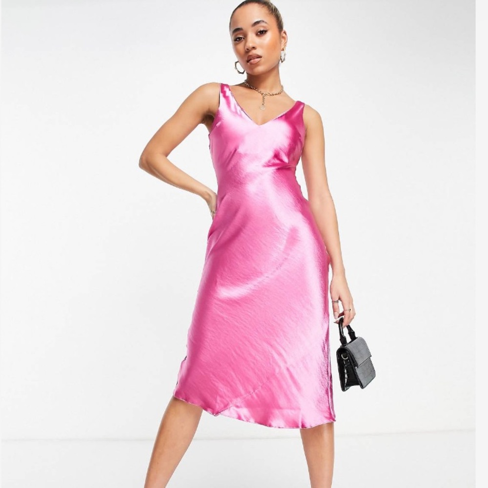 BNWT ASOS bias cut satin midi slip dress with soft neckline pink size 4